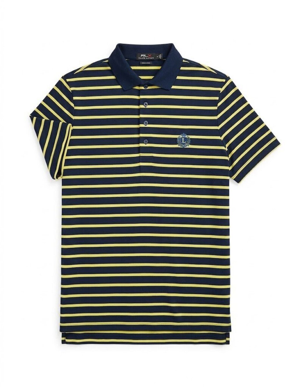 RLX Ralph Lauren Men’s L Navy Yellow Striped Performance Golf Polo Crest